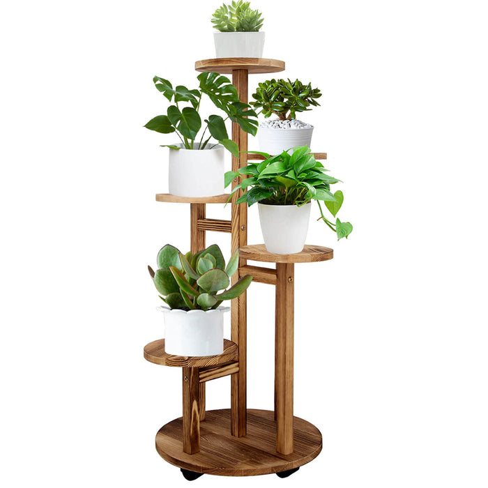 GEEBOBO 5 Tiered Tall Plant Stand for Indoor, Wood Plant Shelf Corner Display Rack, Multi-tier Planter Pot Holder Flower Stand for Living Room Balcony Garden Patio (Walnut)